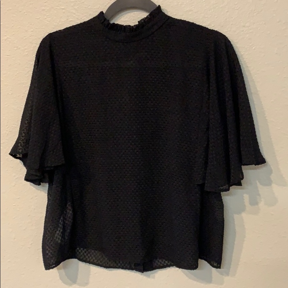 Mango Black Textured Ruffle-Neck Flutter Sleeve Blouse